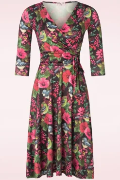 New Aria Floral Bird Print Swing Jurk In Zwart Vrouwen Plus Size Jurken