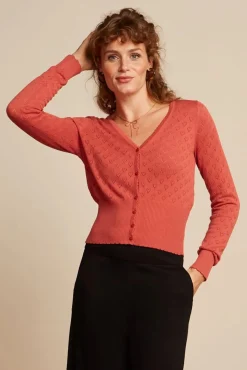 Outlet Cardi V Hart Ajour In Tweed Oranje Vrouwen Vestjes