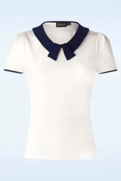 Best Collar Detail Top In Ivoorwit En Marineblauw Vrouwen T-Shirts