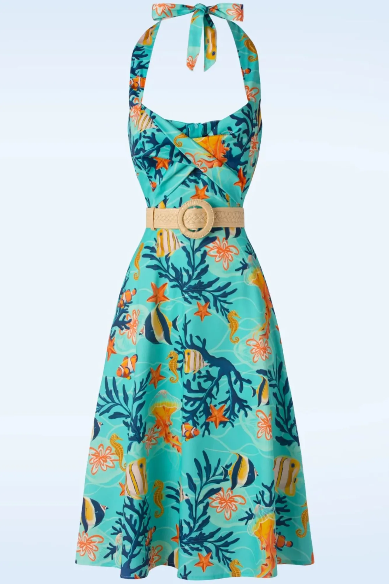 Discount Coral Reef Halter Flare Jurk In Blauw Vrouwen Plus Size Jurken