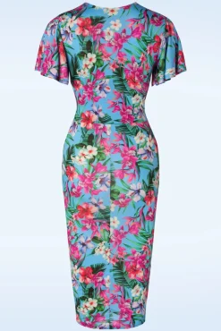 Discount Dory Tropical Pencil Jurk In Blauw Vrouwen Plus Size Jurken