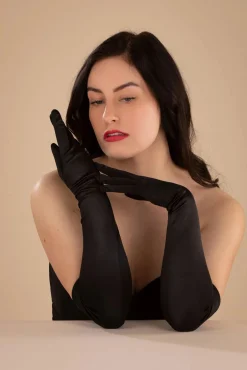 New Elegante Lange Satijnen Handschoenen In Zwart Vrouwen Handschoenen