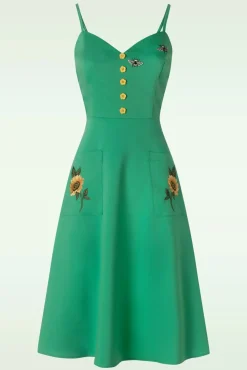 New Embroidery Sunflower Flare Jurk In Groen Vrouwen Plus Size Jurken