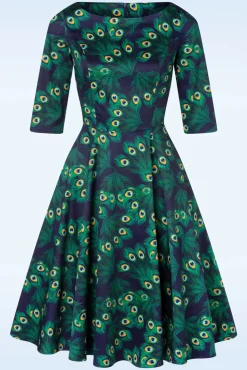 Discount Exclusieve Bij Topvintage ~ Adriana Peacock Long Sleeve Swing Jurk In Marineblauw Vrouwen Swing Jurken
