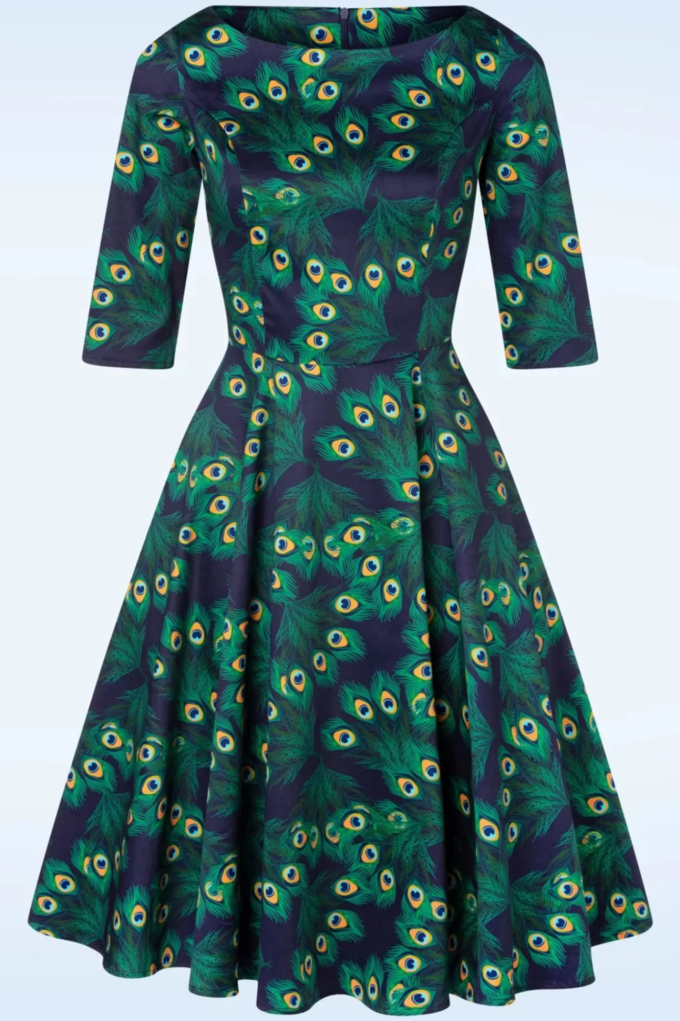 Discount Exclusieve Bij Topvintage ~ Adriana Peacock Long Sleeve Swing Jurk In Marineblauw Vrouwen Swing Jurken