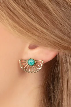 Hot Flower Fan Oorbellen In Goud En Groene Onyx Vrouwen Sieraden