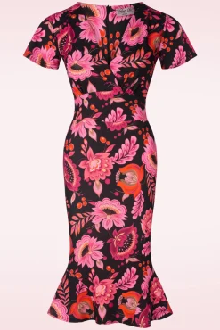 Clearance Katie Floral Pencil Jurk In Zwart En Roze Vrouwen Plus Size Jurken