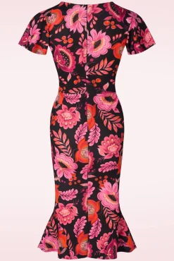 Clearance Katie Floral Pencil Jurk In Zwart En Roze Vrouwen Plus Size Jurken