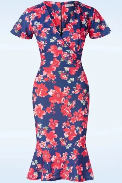 Clearance Katie Floral Pencil Jurk In Marineblauw En Rood Vrouwen Plus Size Jurken