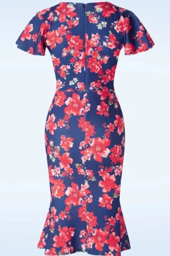 Clearance Katie Floral Pencil Jurk In Marineblauw En Rood Vrouwen Plus Size Jurken