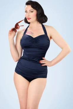 Online Klassiek Jaren Vijftig Eendelig Badpak In Marineblauw Vrouwen Badpakken