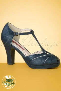 Hot Lacey Art Deco T-Strap Pumps In Mat Marineblauw Vrouwen Pumps