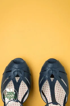 Hot Lacey Art Deco T-Strap Pumps In Mat Marineblauw Vrouwen Pumps