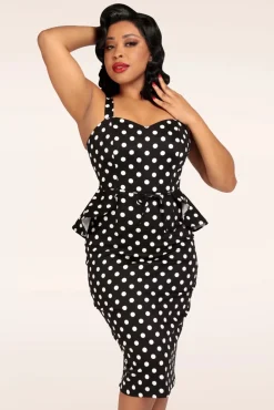 Clearance Lilla Polka Peplum Pencil Jurk In Zwart Vrouwen Plus Size Jurken