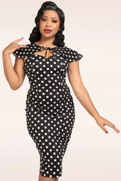 Clearance Lilla Polka Peplum Pencil Jurk In Zwart Vrouwen Plus Size Jurken