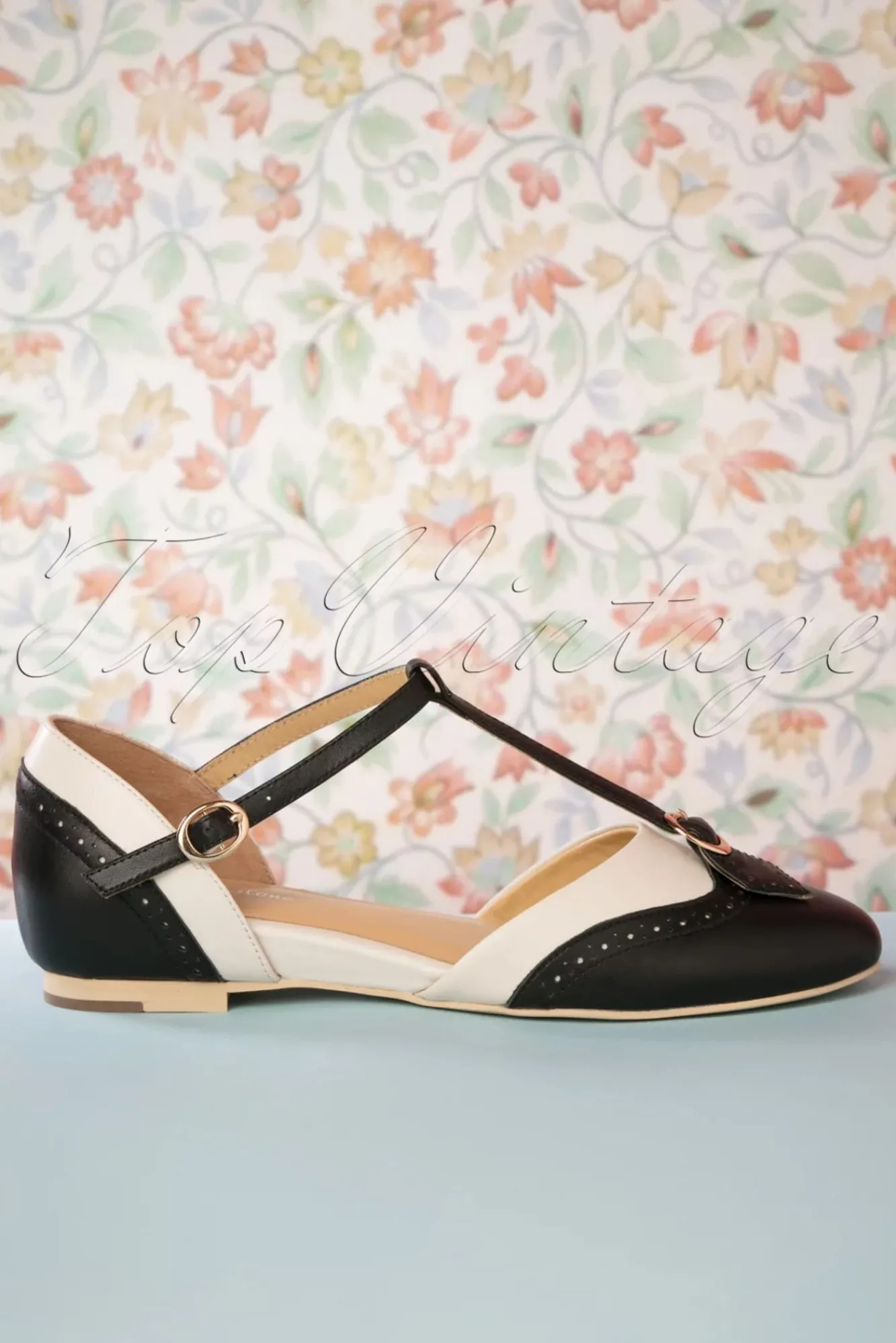 Sale Parisienne T-Strap Flats In Zwart En Creme Vrouwen Ballerina's
