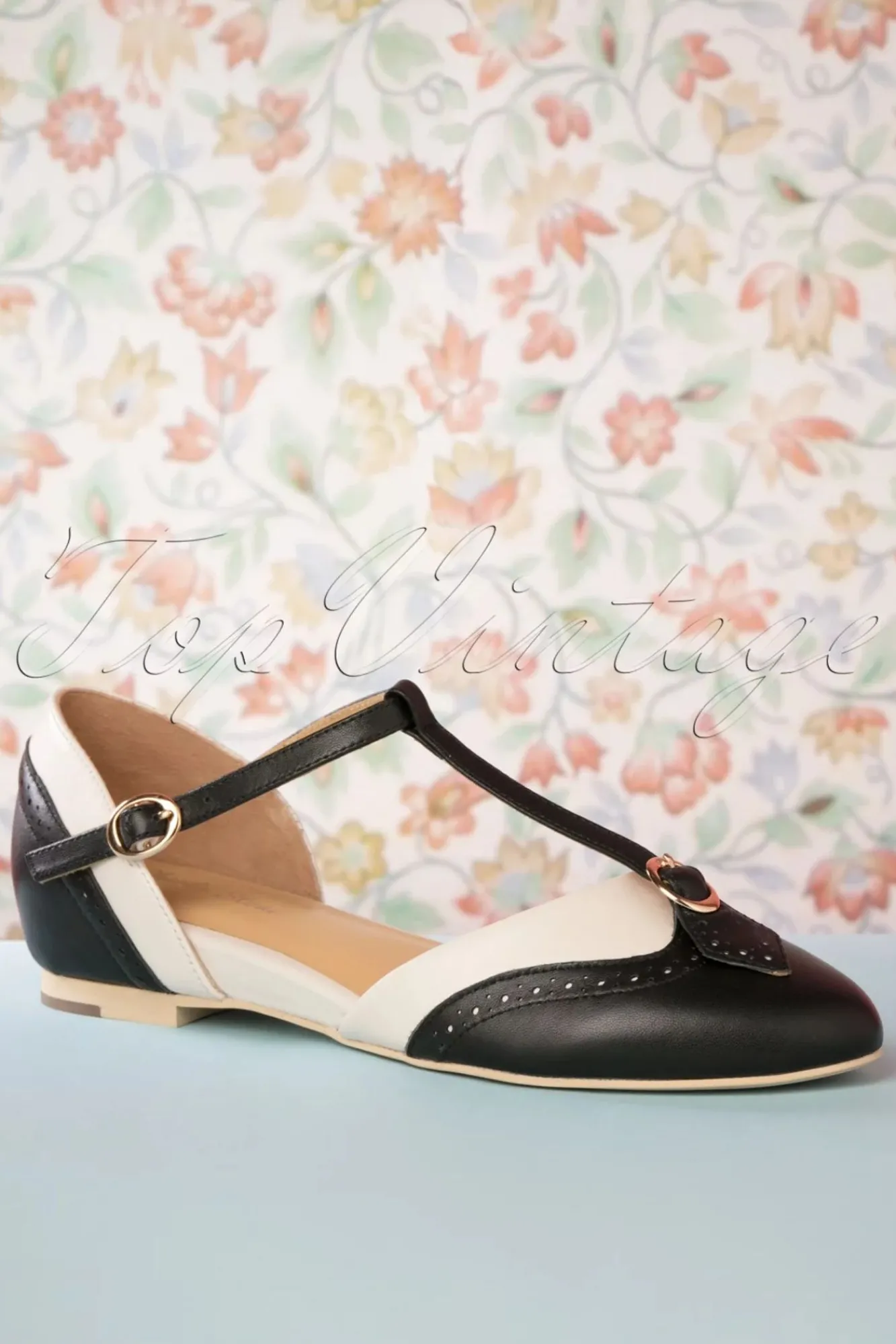 Sale Parisienne T-Strap Flats In Zwart En Creme Vrouwen Ballerina's