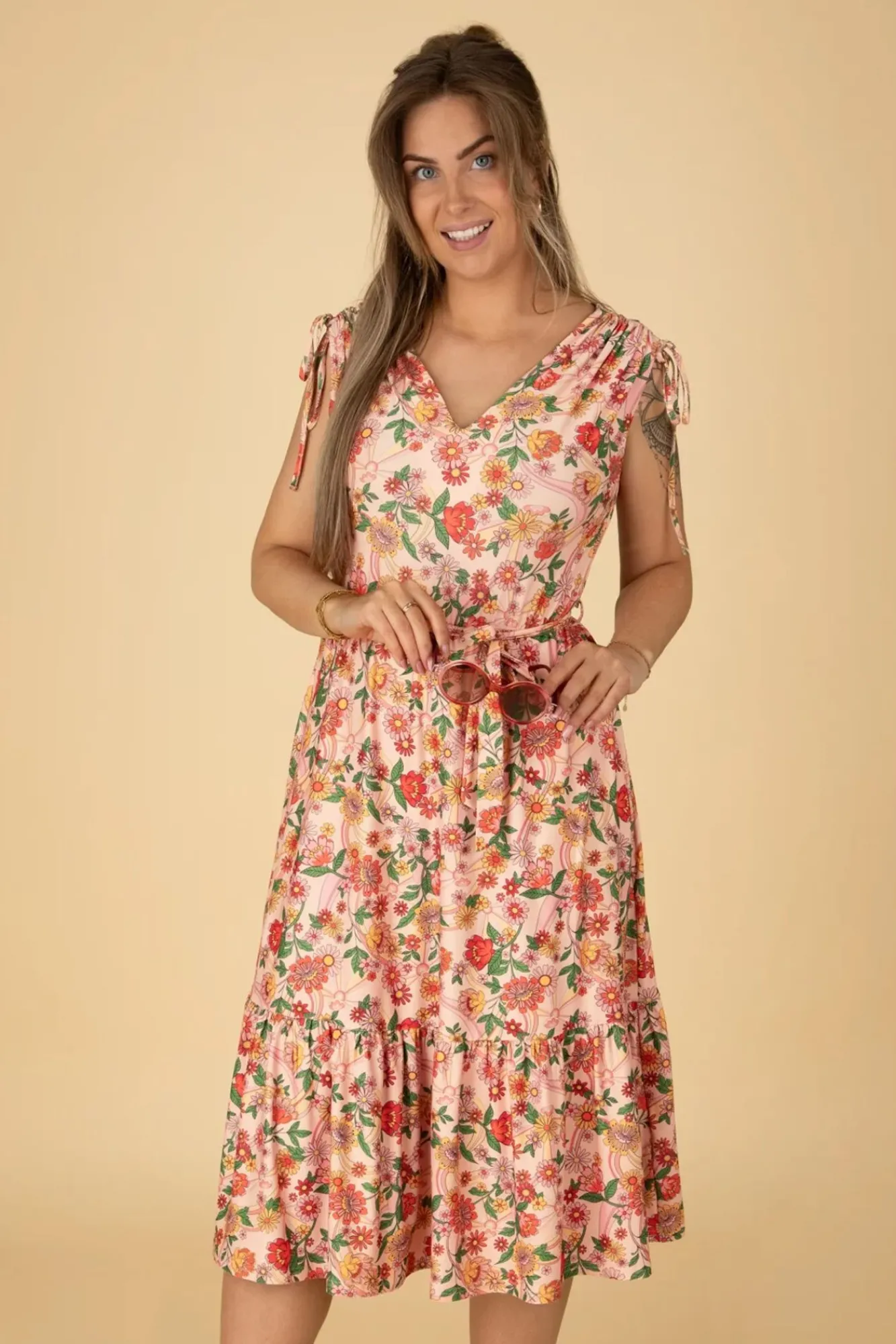 Sale Rainbow Floral Flare Jurk In Licht Roze Vrouwen Plus Size Jurken