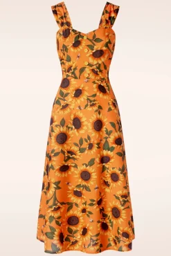Clearance Sunflower Print Midi Jurk In Oranje Vrouwen Plus Size Jurken