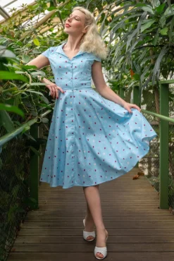 Discount Topvintage Exclusive ~ Angie Swing Jurk In Licht Blauw Met Lieveheersbeestjes Print Vrouwen Swing Jurken