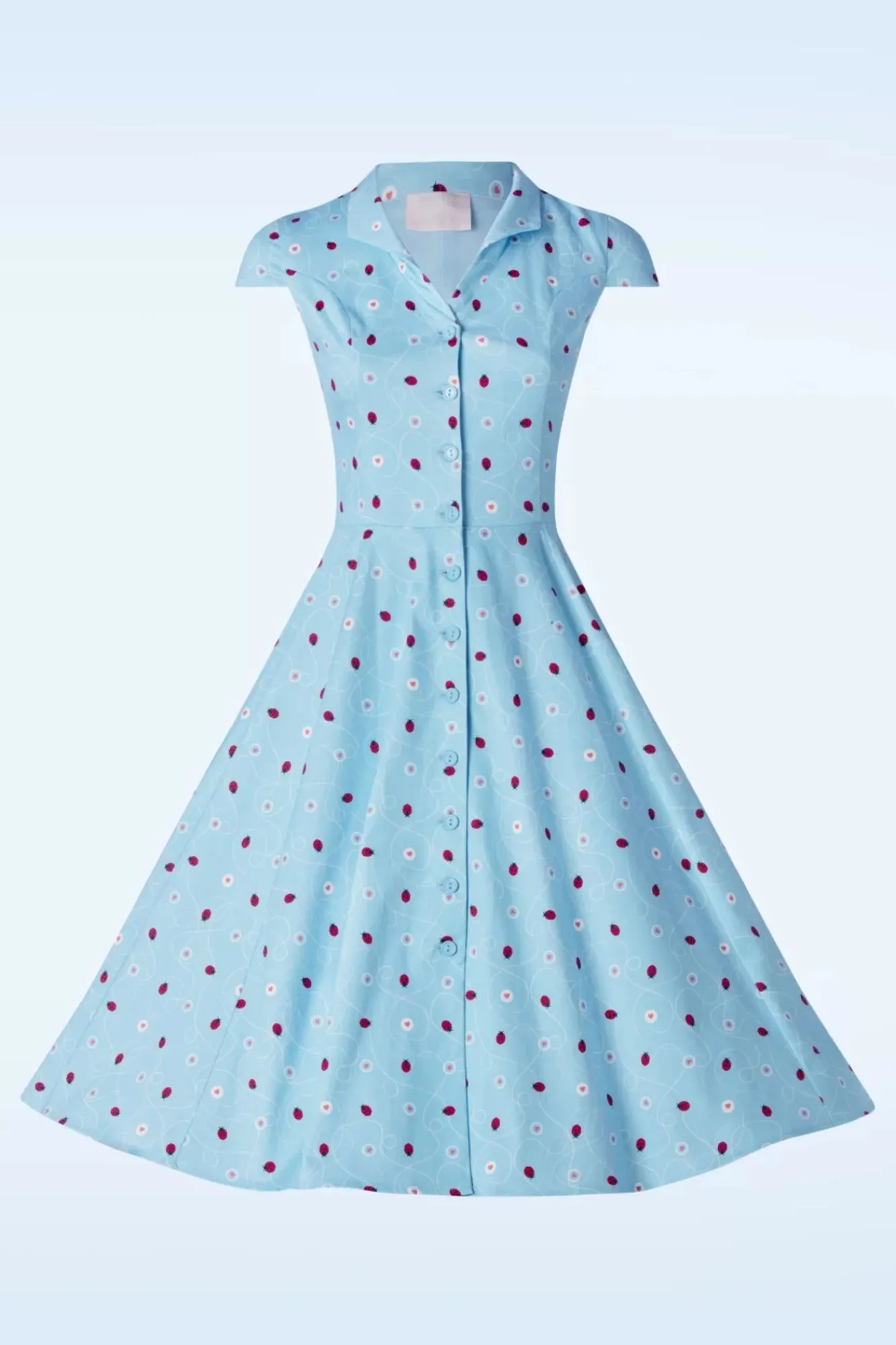 Discount Topvintage Exclusive ~ Angie Swing Jurk In Licht Blauw Met Lieveheersbeestjes Print Vrouwen Swing Jurken