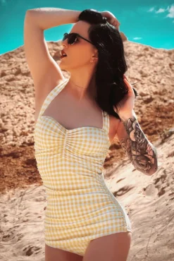 Clearance Zomer Gingham Badpak Uit Een Stuk In Geel En Wit Vrouwen Badpakken